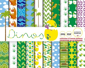 Dinosaurios, Conjunto de 20 papeles digitales de dinosaurios, SVG, PDF, VECTOR, Clipart para trabajar múltiples diseños, descarga automática