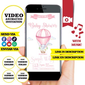 Hot air balloons, elephant, Baby Shower, Animated video Invitation, logo and personalized data, elephant baby girls, Neutral Baby Shower