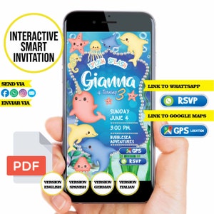 Narwal, Party, interaktive Einladung, Delphin-Geburtstags-Einladung, unter dem Meer-Geburtstags-Party lädt ein, Narwal-Babyparty, PDF-Datei