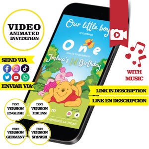 Winnie le caca, 1er anniversaire, Faire-part vidéo animé, logo et données personnalisées, Animal de la forêt, Faire-part, ANGLAIS - ESPAGNOL