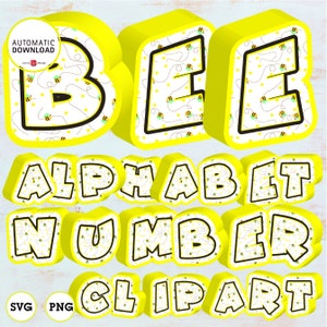 Bee alphabet and number 3D, SVG, PNG  clipart  300 dpi transparent background, instant download, Bee alphabet printable, number 0-9 A-Z