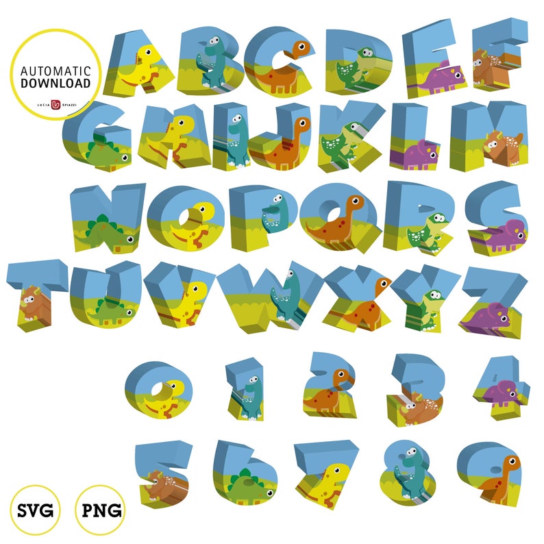 Download Dinosaur alphabet and number 3D clipart SVG VECTOR PNG 300 ...