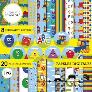 Bob el tren, 20 papeles digitales, 9 circulos topperów nadruków, JPG 300 dpi, DESCARGA INMEDIATA