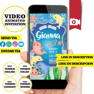 Invitación de fondo del mar, Invitación de cumpleaños delfines, animales del mar, naval, video invitación animada