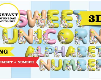 Swett unicorn Alphabet + number 3D, letters clipart 3D, PNG, transparent background 300 dpi, Immediate download