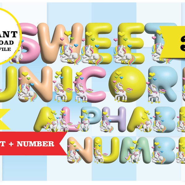 Swett unicorn Alphabet + number 3D, letters clipart 3D, PNG, transparent background 300 dpi, Immediate download
