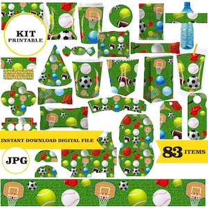 Esporte, kit para impressão, arquivo JPG, 83 peças digitais para download, festa de aniversário futebol, tênis, basquete, vôlei, download instantâneo