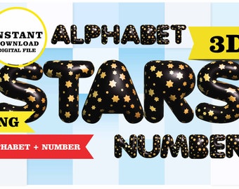 STAR Alphabet + number 3D, letters clipart 3D, pool party PNG, golden star, transparent background 300 dpi, Immediate download