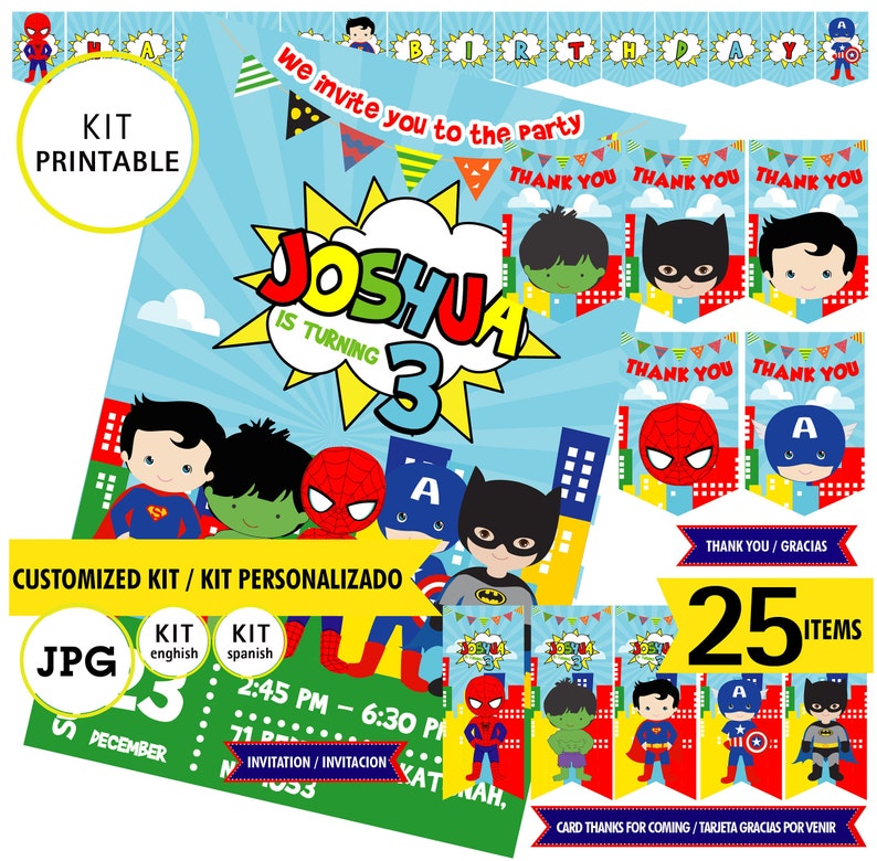 Superhero baby spiderman batman hulk 25 digital files birthday party Printable Kit kit printable 5 baby superhero custom logo JPG