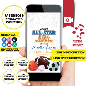 All Star-babyshower, geanimeerde video-uitnodiging, logo en gepersonaliseerde gegevens, deportivo babyshower