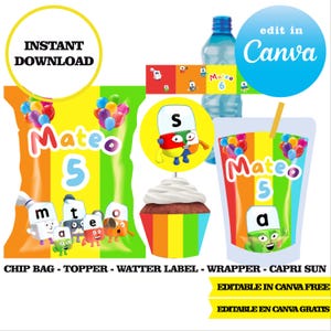 Alphablocks, plantillas editables, Canva editable descarga digital instantánea, bolsa de patatas fritas, topper, etiqueta, capri sun