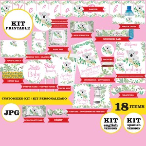 コアラ、ベビーシャワー、印刷可能なキット、ロゴのパーソナライズされたデータ、コアラ、ニュートラルなベビーシャワーの招待状、女の子