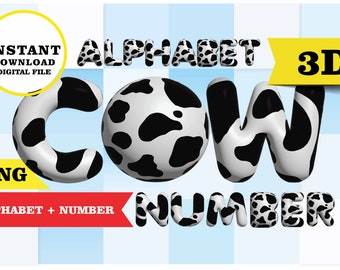 Cow Alphabet + number 3D, letters clipart 3D, Cow farm PNG, farm animals, transparent background 300 dpi, Immediate download