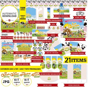 La granja de Zenon Kit imprimible, logo y texto personalizados, flores y animales granja, animales JPG, 21 archivos descargables digitales