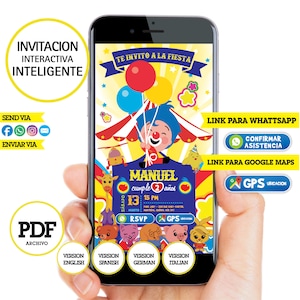 Plim plim circo, invitación inteligente, invitación interactiva, imprimible, enlace GPS, enlace whattsapp, formato PDF