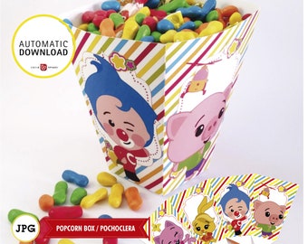 Plim plim, caja de pochoclos o dulces de payaso Plim plim, para decorar o regalar en una fiesta, archivo JPG, descarga inmediata