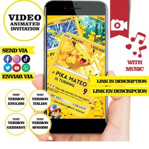 Pokémon, cartes Pikachu, invitation vidéo animée, logo et données personnalisés, invitation d'anniversaire