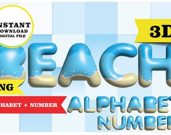 Beach Alphabet + number 3D, letters clipart 3D, pool party PNG, ocean, summer, transparent background 300 dpi, Immediate download