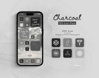 IOS iPhone App Icons Schwarz Charcoal, 1200 Graue Icons in 4 Farben, Schwarze Widgets und Wallpapers, Schwarz und Grau iPhone Icons, Minimalist Icon