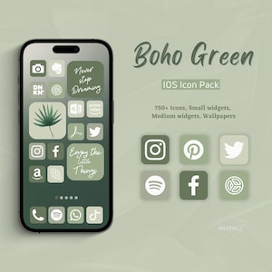 Könnte beinhalten: Ein grünes und weißes iPhone-Mockup mit einem grünen und weißen Icon-Paket. Die Icons sind für beliebte Apps wie Instagram, Facebook, Twitter und Spotify. Der Text "Boho Green" und "IOS Icon Pack" wird auf dem Bildschirm angezeigt. Der Text "750+ Icons, Kleine Widgets, Mittlere Widgets, Hintergrundbilder" wird ebenfalls auf dem Bildschirm angezeigt.
