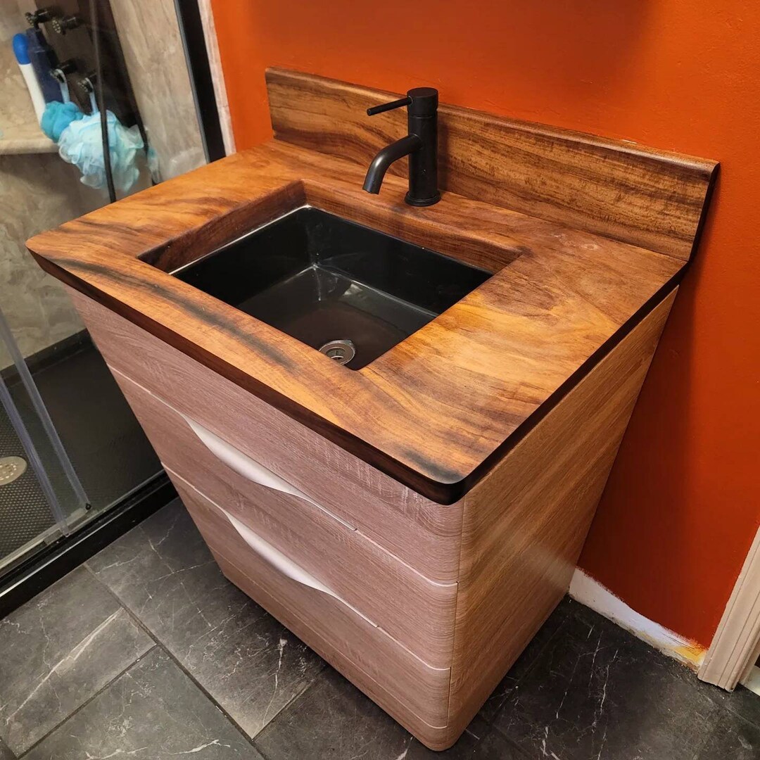 Custom Vanity Top With Natural Live Edge Wood Countertop Wood Brown Etsy