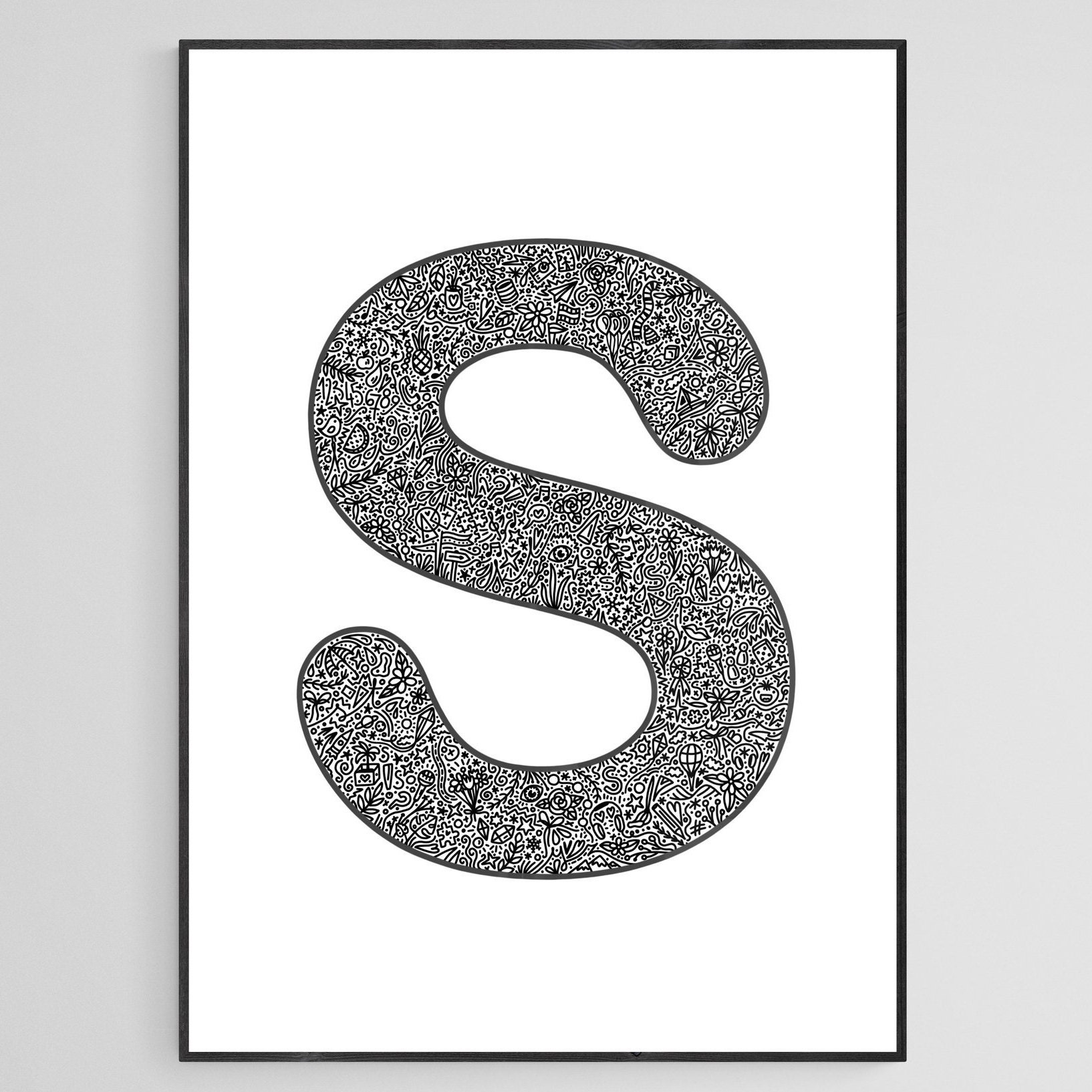 letter s poster printable alphabet abc doodle art detailed etsy