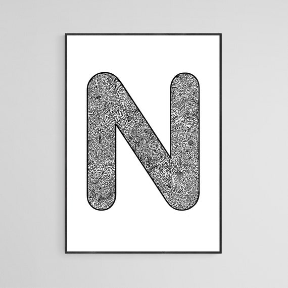 letter n doodle art printable alphabet monochrome monogram etsy