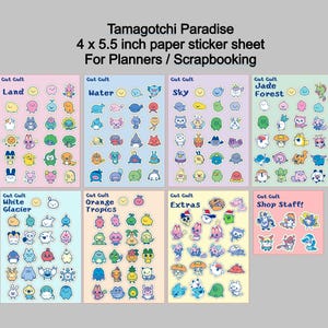 May include: A collection of colorful sticker sheets featuring various Tamagotchi characters. Each sheet is 4 x 5.5 inches and includes themes like Land, Water, Sky, and Extras. Ideal for planners and scrapbooking.