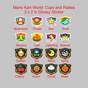 Coupes Grand Prix et emblèmes du rallye Knockout Tour, autocollant brillant Mario Kart World 2 x 5 cm