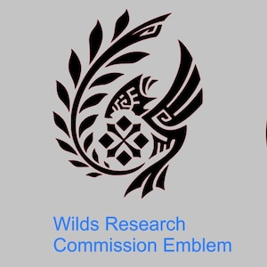 May include: Black and white stylized emblem with a bird-like figure and a floral design. The text "Wilds Research Commission Emblem" is below the emblem.