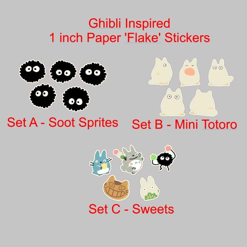 May include: Ghibli-inspired paper flake stickers. Set A features black Soot Sprites. Set B includes Mini Totoro characters. Set C showcases Sweets designs. Each sticker is approximately 2.5 cm in size.