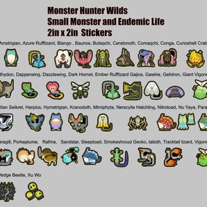 Autocollant brillant Monster Hunter Wilds, petit monstre et endémique 2 x 2 pouces