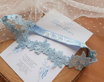 Braut Strumpfband Blau BOHO Spitze Etwas Blaues Braut Strumpfband Datum personalisiert Hochzeit Accessoire Braut Hochzeit Strumpfband Blau