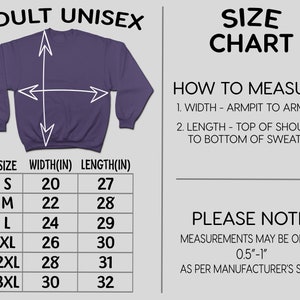 Puede incluir: Una sudadera unisex morada para adultos con una tabla de tallas. La tabla muestra medidas en cent&iacute;metros de ancho y largo, desde la talla S hasta la 3XL. El texto "ADULT UNISEX" est&aacute; en la parte superior. La tabla tambi&eacute;n incluye instrucciones.
