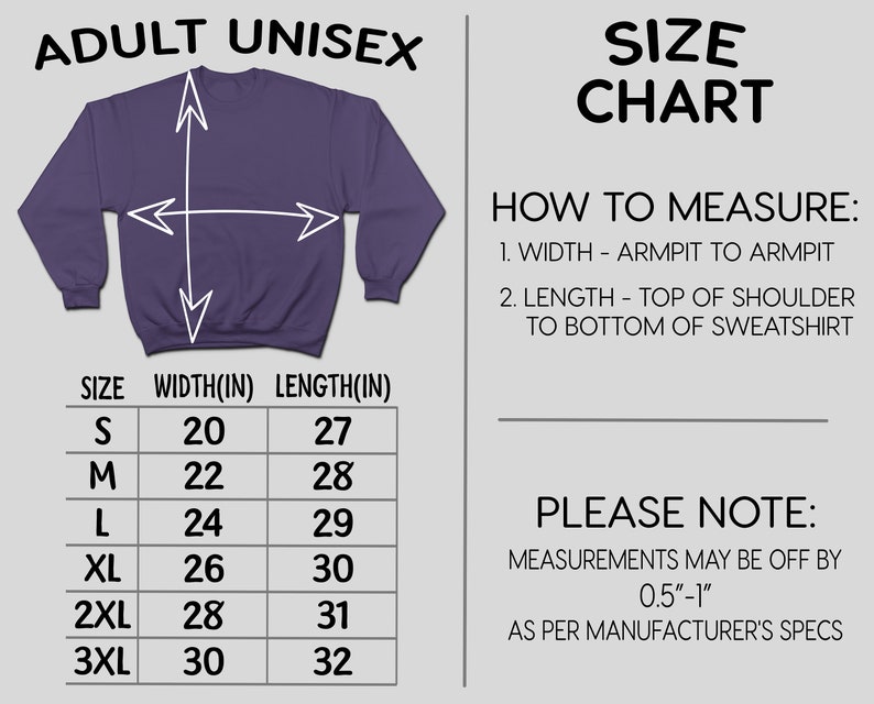 Puede incluir: Una sudadera unisex morada para adultos con una tabla de tallas. La tabla muestra medidas en cent&iacute;metros de ancho y largo, desde la talla S hasta la 3XL. El texto "ADULT UNISEX" est&aacute; en la parte superior. La tabla tambi&eacute;n incluye instrucciones.