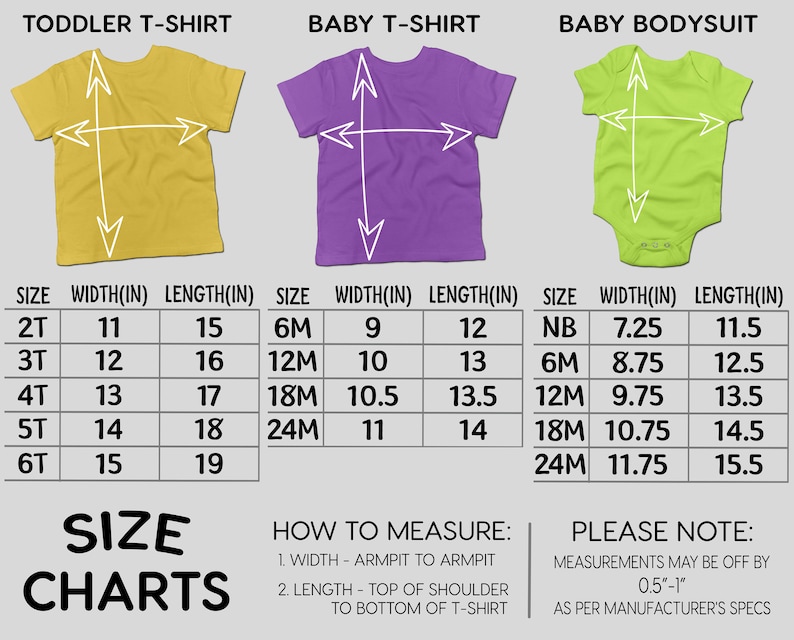 May include: Size charts for toddler t-shirts, baby t-shirts, and baby bodysuits. Measurements are in inches for width and length. The chart includes sizes from 2T to 6T for toddler shirts, 6M to 24M for baby shirts, and NB to 24M for baby bodysuits.