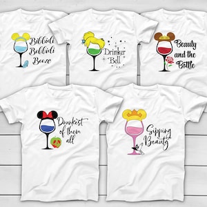 Disney Princess Wine T-Shirts - Aurora Belle Cinderella Snow White Tinker Bell - Funny EPCOT Matching Group Tees - Drinking Around the World