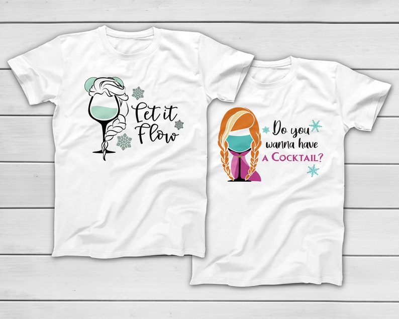 May include: Two white t-shirts with cocktail-themed graphics. One shirt features a wine glass with the text "Let it Flow" and snowflakes. The other shirt has a character with the text "Do you wanna have A COCKTAIL?" and snowflakes.