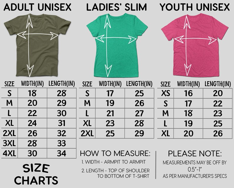 Puede incluir: Tablas de tallas de camisetas unisex para adultos, slim de mujer y unisex para j&oacute;venes. Se proporcionan medidas en pulgadas para el ancho y el largo, con tallas que van de la XS a la 4XL. Incluye instrucciones de medici&oacute;n y una nota sobre posibles variaciones.