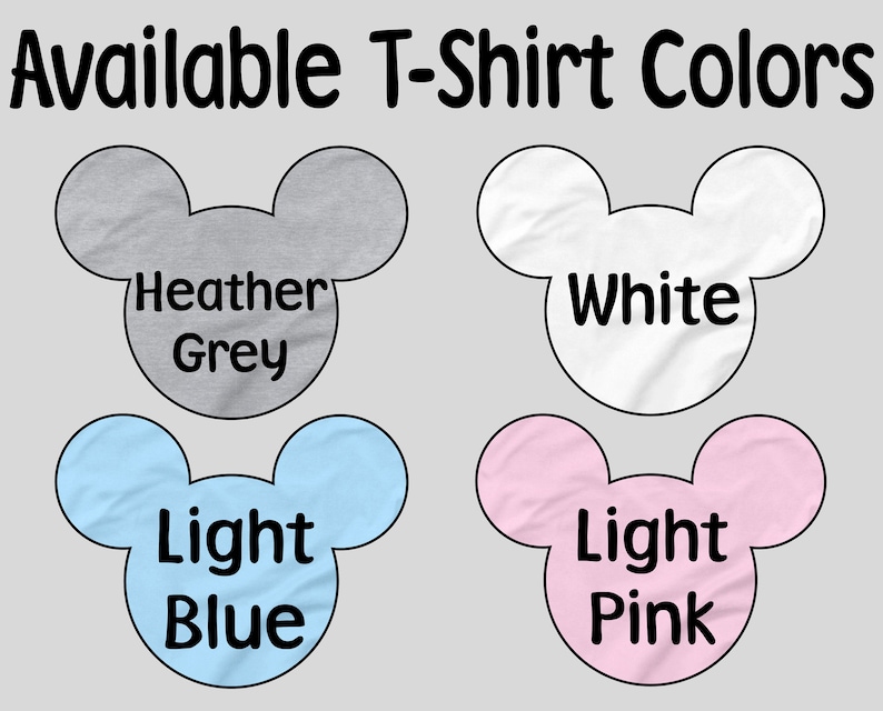 Puede incluir: Imagen que muestra los colores de camisetas disponibles: Gris Jaspeado, Blanco, Azul Claro y Rosa Claro. Cada color se presenta dentro de una forma de cabeza de Mickey Mouse, con el nombre del color escrito en texto negro en negrita debajo.