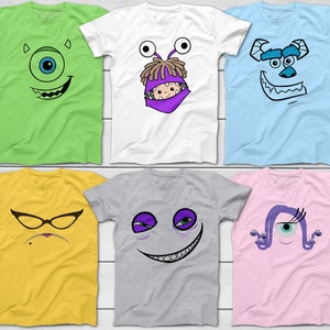 Peut inclure: Six t-shirts colorés avec des visages de monstres de dessins animés. Les chemises sont de différentes couleurs, dont le vert, le blanc, le bleu, le jaune, le gris et le rose. Chaque chemise présente un design de visage de monstre différent.