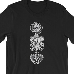 Skeleton and Rose - Blackwork Illustration Black Unisex T-Shirt, Dark Art, Occult Clothing, Macabre Art