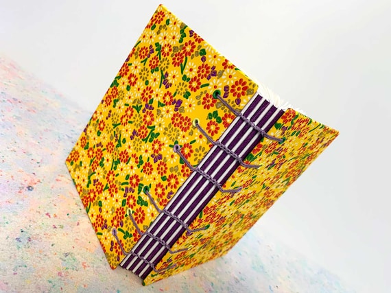 Bright Summer Yellow Japanese Coptic Stitched Book, Chiyogami Paper Japanese Flower Sketchbook, Notebook Journal, Bound Journal, Coptic Book