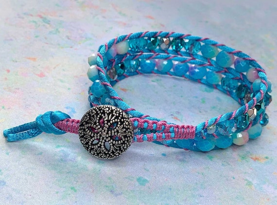Double Wrap Pretty Blue and Pink Bracelet, beautiful glass beads, stunning metal button clasp, multi colour faceted and Czech crystal beads