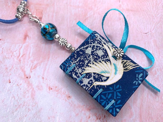 Beautiful Japanese Book Necklace, Coptic Book Pendant, Japanese Crane Book Pendant, Mini Book, Miniature Book, Coptic Stitched Book, Journal