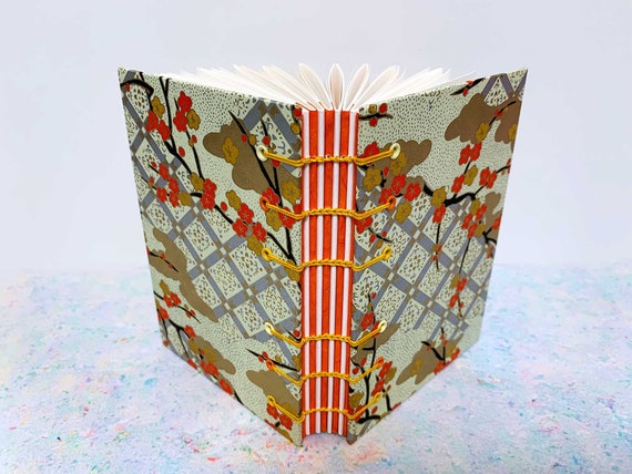 Beautiful Japanese Orange Trellis Design Coptic Stitched Book, Chiyogami Paper Sketchbook, Notebook, Journal, Japanese Paper, Japanese gift