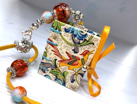 Book Necklace, Coptic Book Pendant, Italian Rossi Bird Paper with Yellow Ribbon, Book Pendant, Mini Book, Miniature Book, Coptic Stitch Book