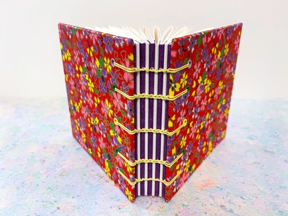 Pretty Red Flower Square Japanese Coptic Stitched Book with decorative purple spine, Chiyogami Paper, Sketchbook, Notebook, Journal, Flower