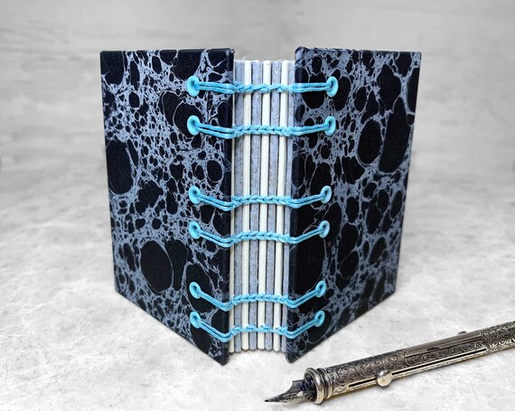 Small Pocket Size Coptic Stitched Book, Marbled Paper, Black and Grey Design, Coptic Notebook, Coptic Journal, Sketchbook, Handmade Book