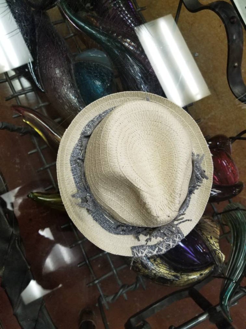 size reducer may be installed to make smaller upon request. fedora festival SM Boho embellished vegan One size distressed sun hat